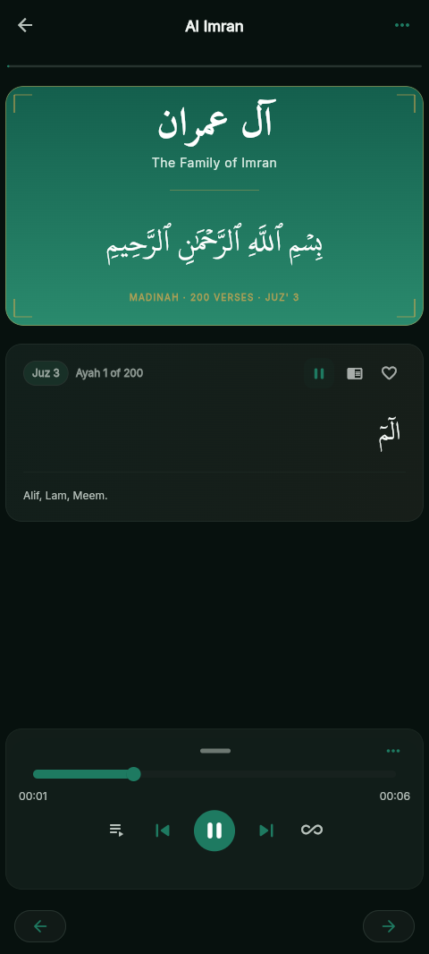 Audio player screen with reciter controls