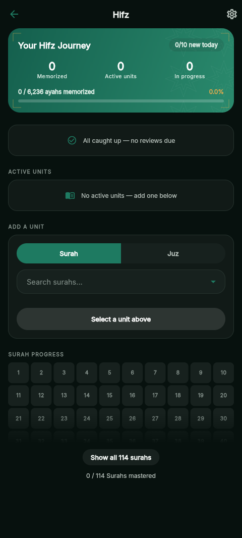 Hifz memorization dashboard with progress tracking