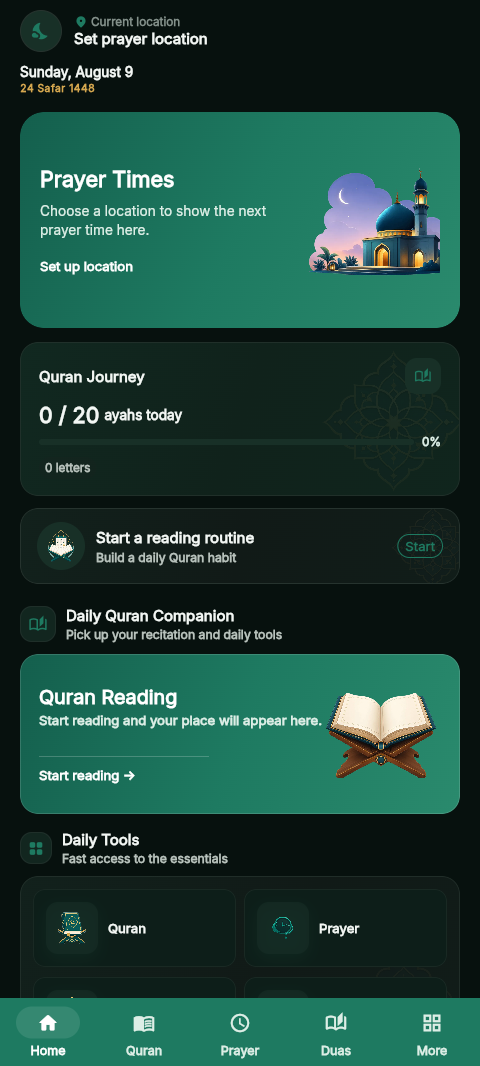 eQuran home screen showing prayer times and last read surah