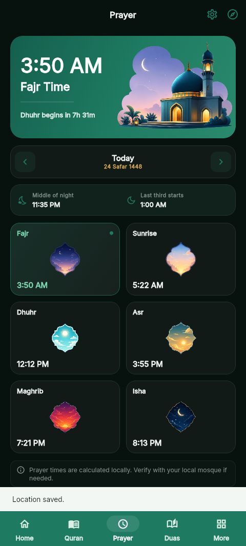Prayer times dashboard with today's prayer schedule
